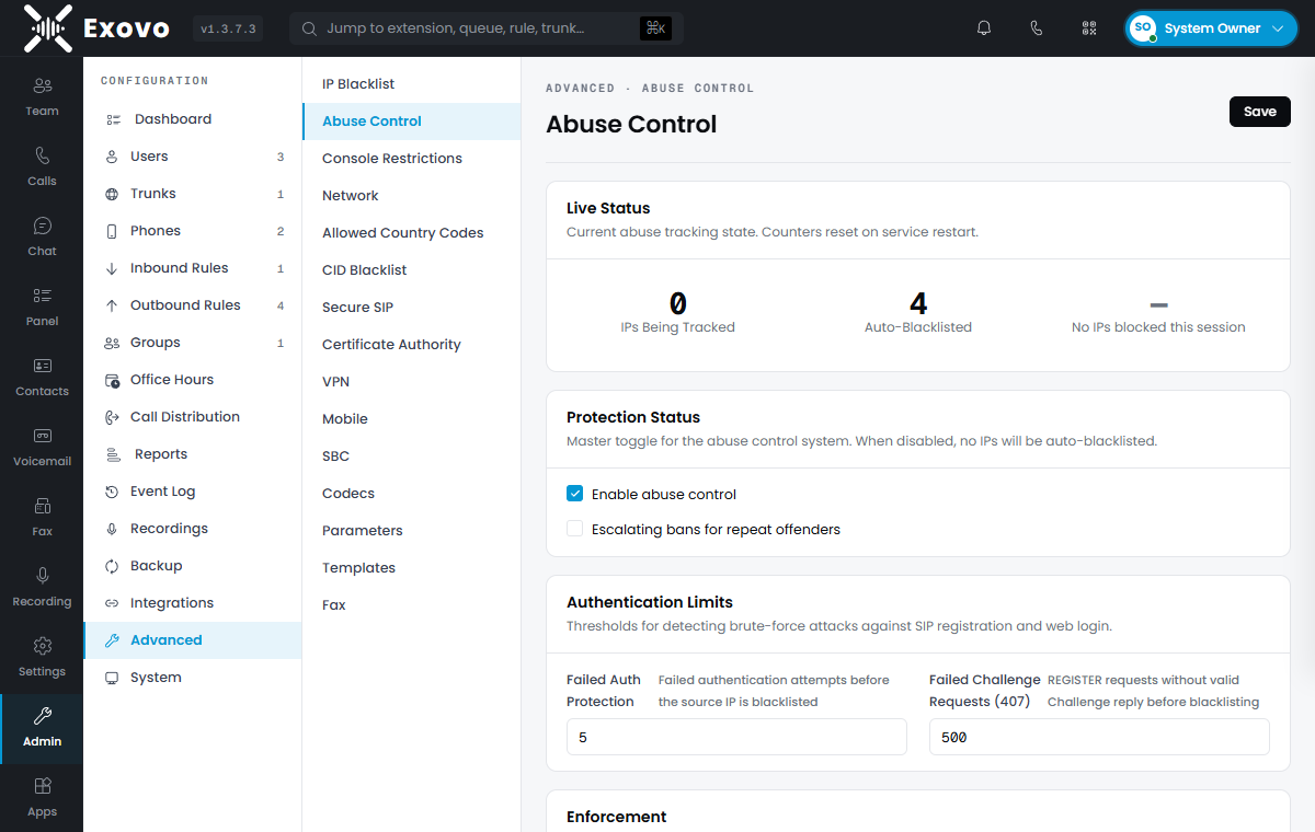 Abuse Control: live tracking status and authentication limits