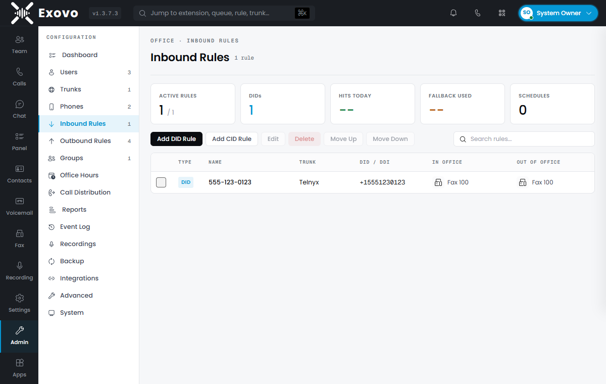 The Inbound Rules page: a DID rule routing a number with in-office and out-of-office destinations