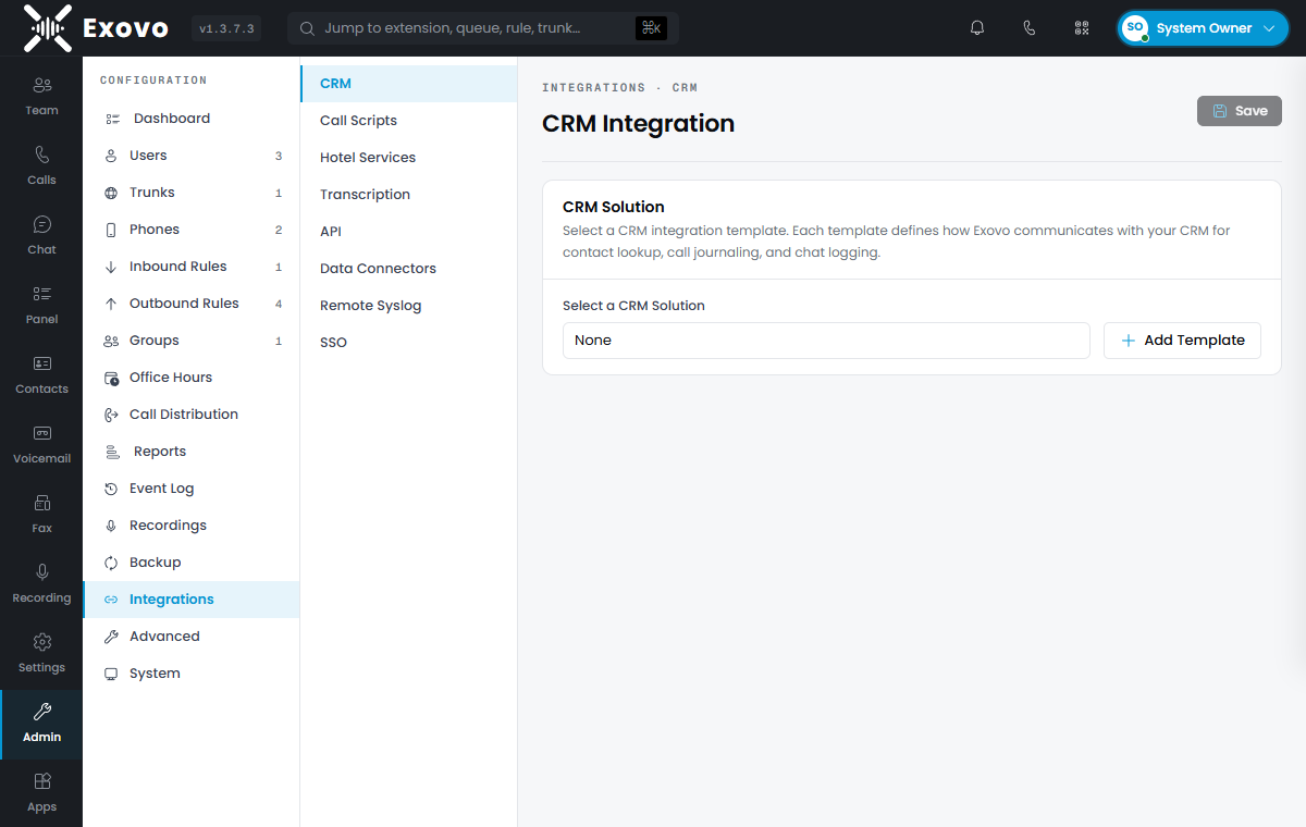 The CRM Integration page under Admin → Integrations