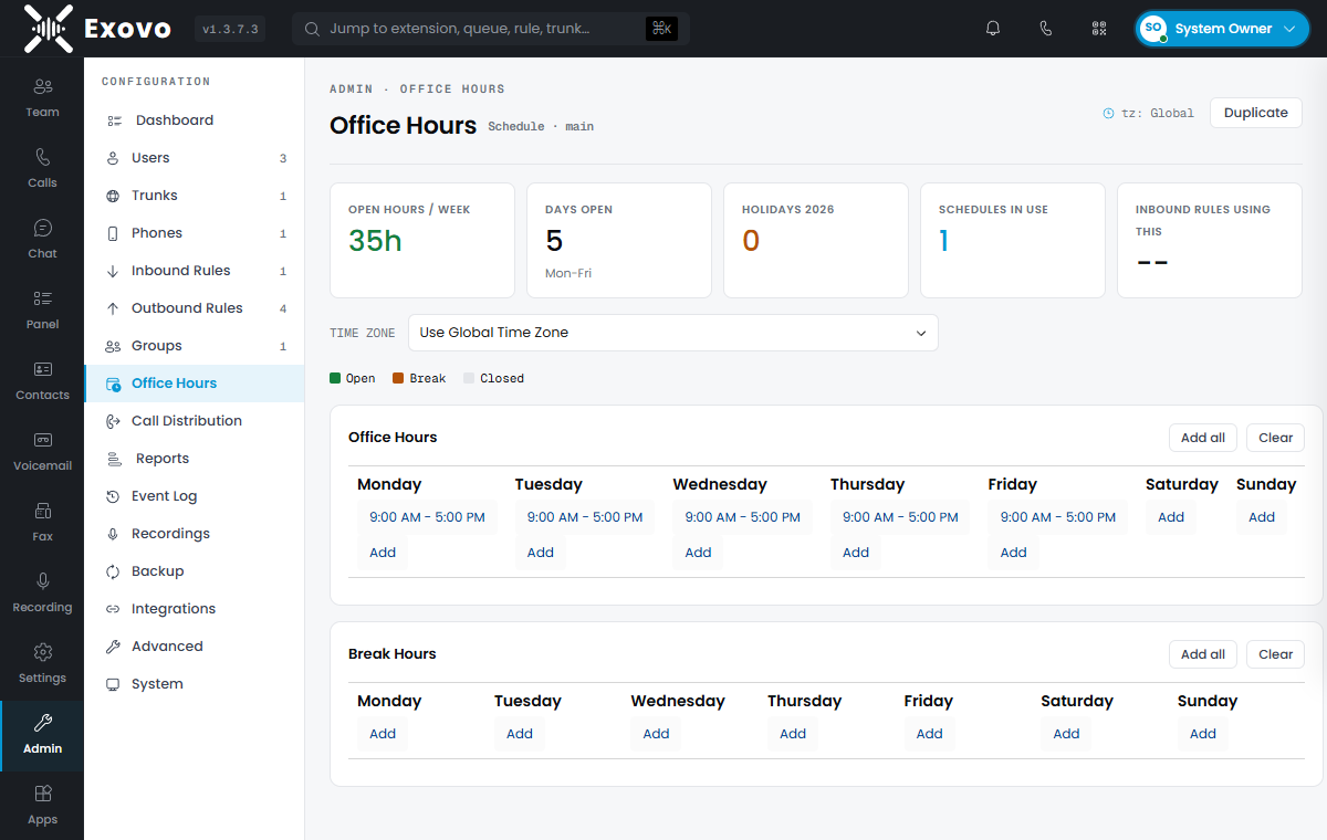 The Office Hours page: weekly open/break schedule with time zone and holidays