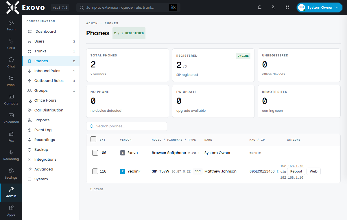 The Phones page: fleet status with registration, firmware and vendor columns