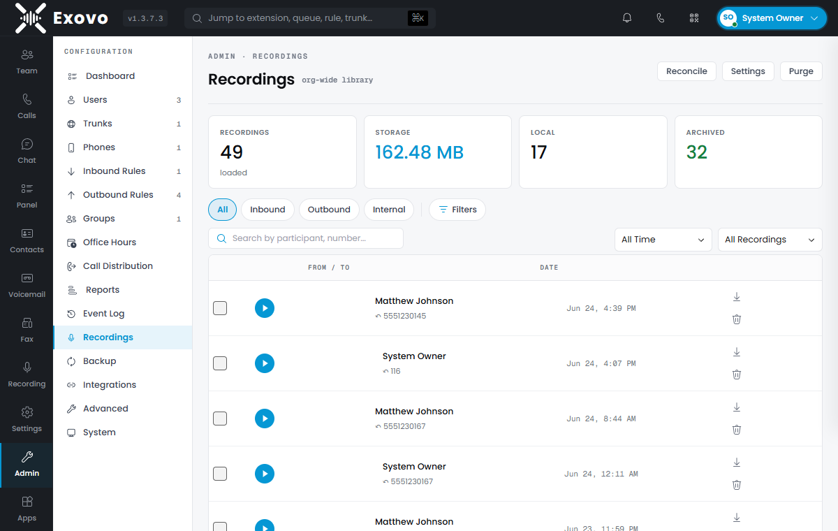 The Recordings library: filters, playback, storage and archive counts