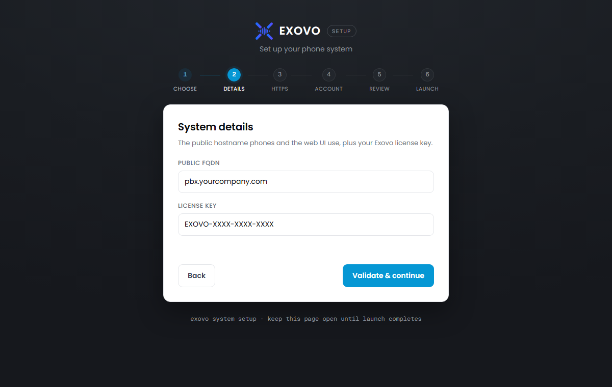 System details: public FQDN and license key