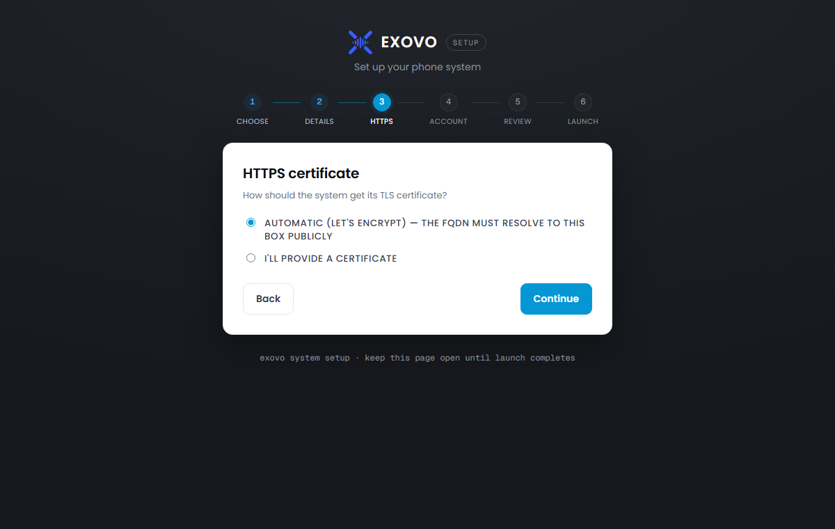 Choosing between an automatic Let's Encrypt certificate and a custom certificate