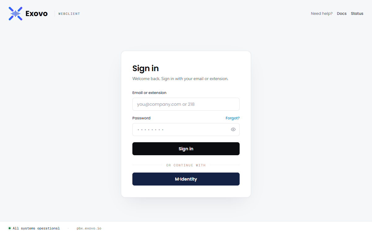 The Exovo sign-in page
