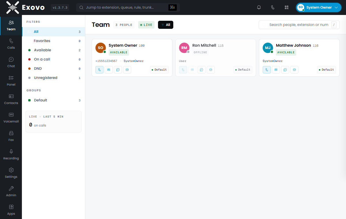 The Team view: live presence cards for everyone on the system